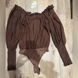 Brand Entro, Chocolate Brown color, Off Shoulder Long Sleeve Bodysuit, NWT